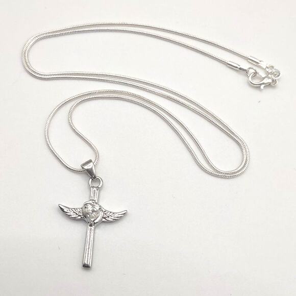 925 Sterling Silver Necklace Cross Angel Wings Zircon Valentine's Birthday NEW - Picture 1 of 6